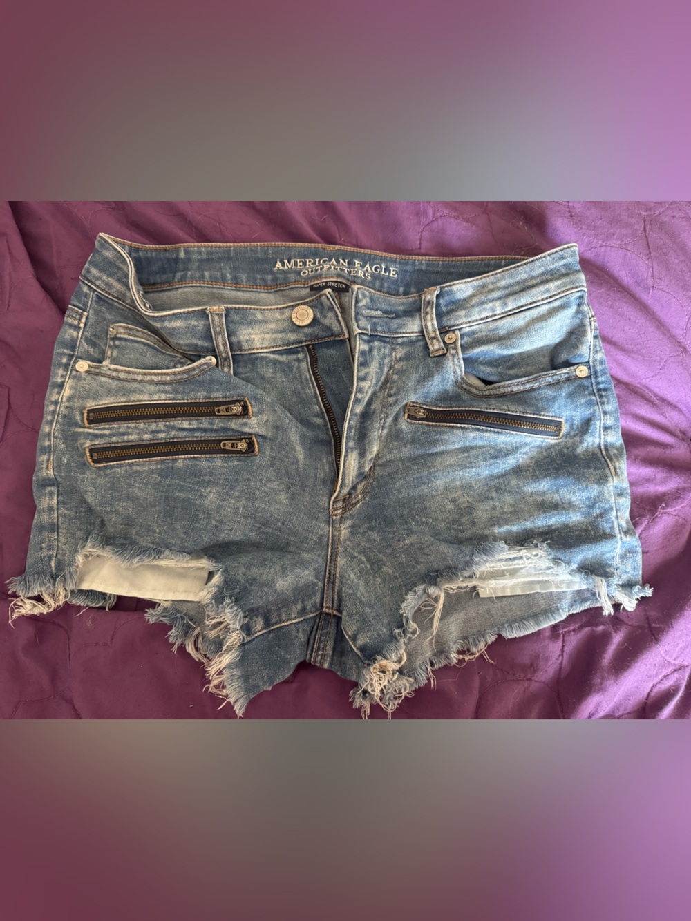 American Eagle Outfitters Light Blue Denim Frayed Zip-Accent Shorts